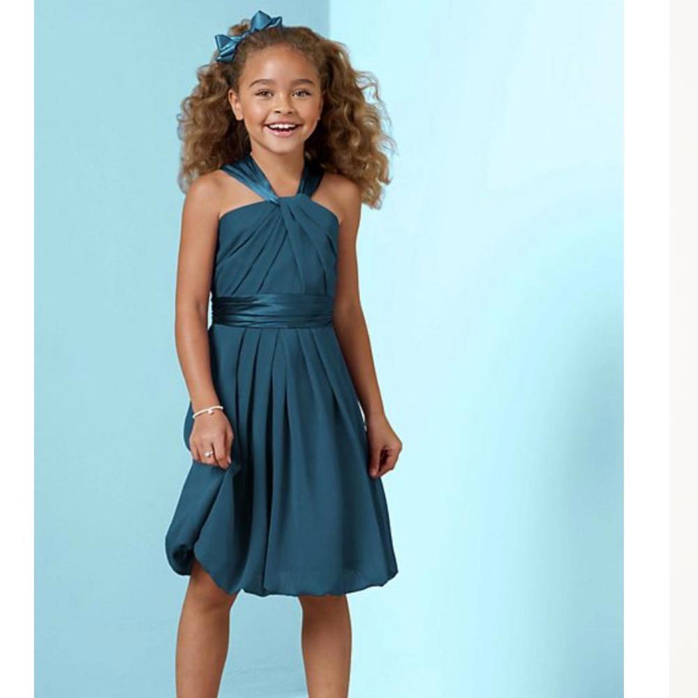 David's Bridal Teal Halter Pleated Chiffon Flower Girl Dress